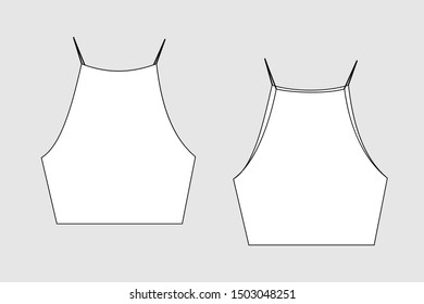 Female tank top vector template isolated on a grey background. Front and back view. Outline fashion technical sketch of clothes model.