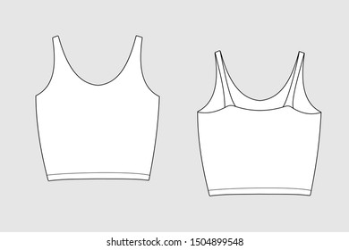 Female tank top vector template isolated on a grey background. Front and back view. Outline fashion technical sketch of clothes model.