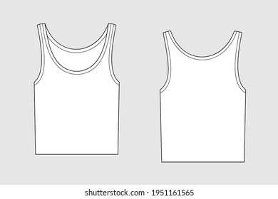 Female tank top vector template isolated on a grey background. Front and back view. Outline fashion technical sketch of clothes model.