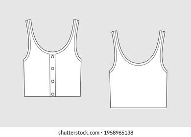 Female tank top vector template isolated on a grey background. Front and back view. Outline fashion technical sketch of clothes model.