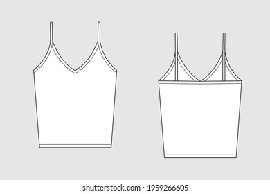 Female tank top vector template isolated on a grey background. Front and back view. Outline fashion technical sketch of clothes model.