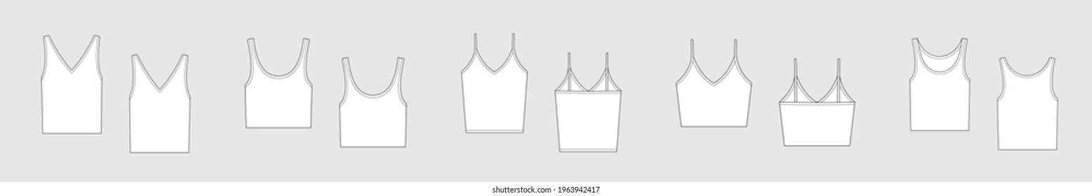 Female tank top female vector template set isolated on a grey background. Front and back view. Outline fashion technical sketch of clothes model