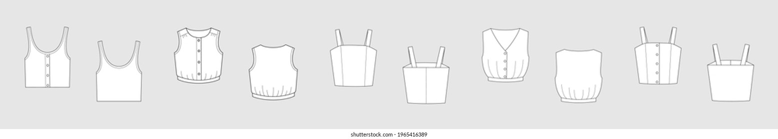 Female tank top female vector template set isolated on a grey background. Front and back view. Outline fashion technical sketch of clothes model