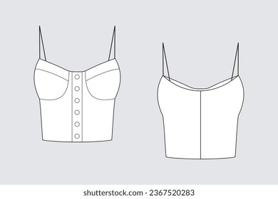 Female tank top vector template isolated on a grey background. Front and back view. Outline fashion technical sketch of clothes model.