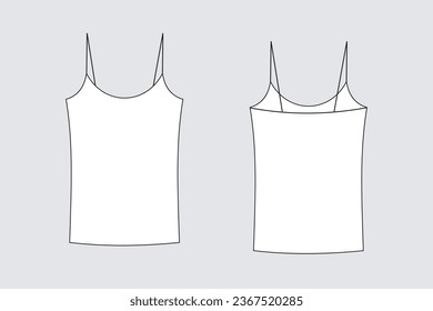 Female tank top vector template isolated on a grey background. Front and back view. Outline fashion technical sketch of clothes model.