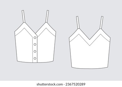 Female tank top vector template isolated on a grey background. Front and back view. Outline fashion technical sketch of clothes model.