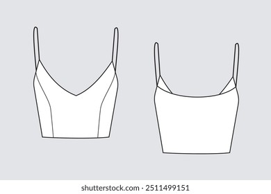 Modelo de vetor superior de tanque feminino isolado em um fundo cinza. Vista frontal e traseira. Esboço técnico da moda do esboço da roupa do modelo.