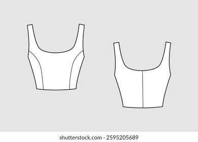 Female tank top vector template isolated on a grey background. Front and back view. Outline fashion technical sketch of clothes model.