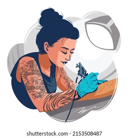 Female Tattoo Artist Making Tattoo on Arm Concept Vector. Illustration of a Female Tattoo Artist Holding a Tattoo Machine