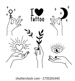 Female tattoo hands. Trendy beautiful woman hand set with love heart icon and wisdom eye sketch, secret key and magic crescent occult black tattoos isolated on white background, vector illustration