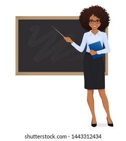 Female teacher at blackboard with copy space showing something using pointer stick isolated vector illustration