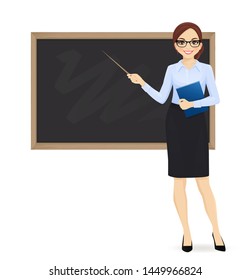 Female teacher at blackboard with copy space showing something using pointer stick isolated vector illustration