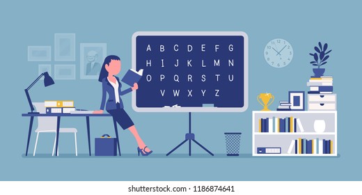 Female teacher at the blackboard. School, university, college worker, at lesson in classroom. Professional education and learning concept. Vector illustration, faceless characters