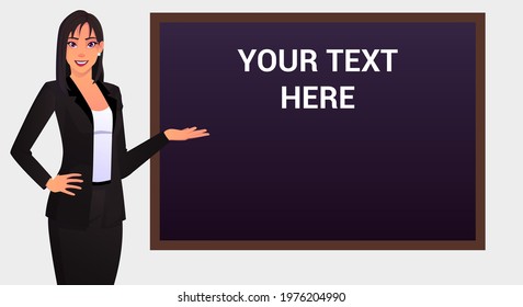 Female teacher at blackboard showing and pointing at text on chalkboard Vector illustration.