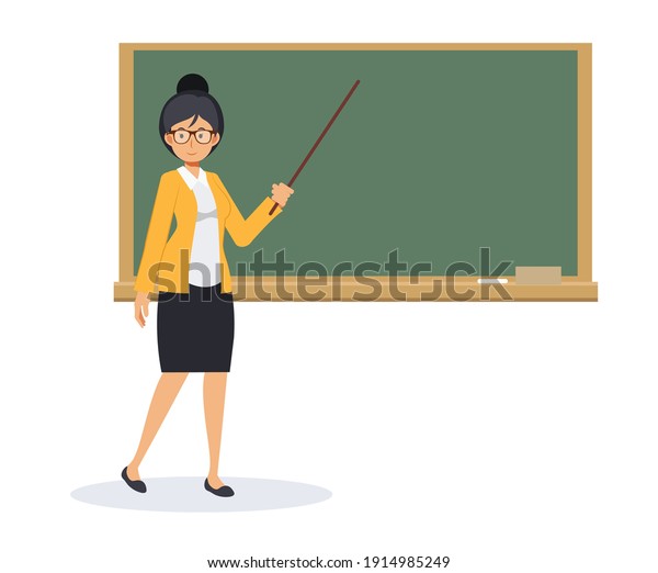 Female teacher with a blank blackboard and\
pointing stick,Teacher with pointer, teacher showing on board.Flat\
Vector cartoon character\
illustration