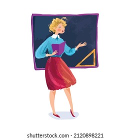 Female teacher,. blonde, pointing to the board