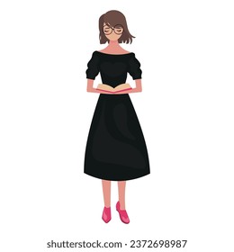 Female teacher with book on white background