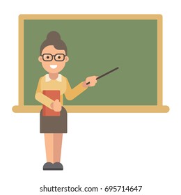 Female teacher with a book and a pointer near a blackboard. Teacher's Day. Back to school