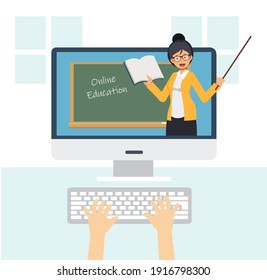Female Teacher with book and pointing stick is teaching online,Online Education Concept ,Flat Vector cartoon character illustration. Learning from home