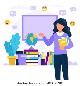 Female teacher with books and chalkboard. Concept illustration for school, education, university. Vector illustration in flat style