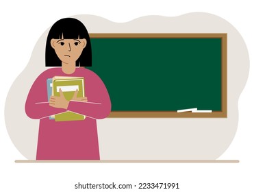 Female teacher with books on the background of the school board. Vector flat illustration