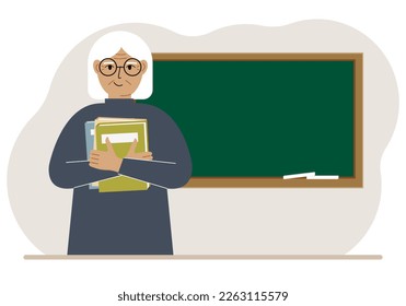 Female teacher with books on the background of the school board. Vector flat illustration