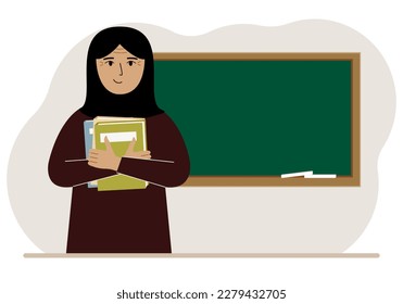 Female teacher with books on the background of the school board. Vector flat illustration