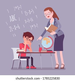 Female teacher and boy student. Unhappy child studying under strict control, bored single pupil doing homework with tutor, school practicing learning at home. Vector flat style cartoon illustration