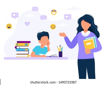 Female teacher and boy studying. Concept illustration for school, education. Vector illustration in flat style