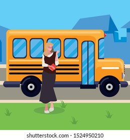 female teacher in bus stop vector illustration design