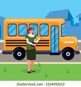 female teacher in bus stop vector illustration design