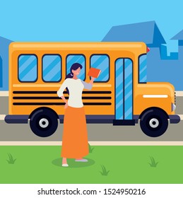 female teacher in bus stop vector illustration design