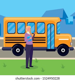 female teacher in bus stop vector illustration design