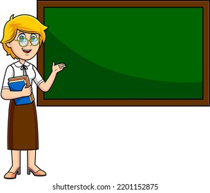 Female Teacher Cartoon Character Holding A Textbooks And Pointing To Green Chalk Board. Vector Hand Drawn Illustration Isolated On Transparent Background