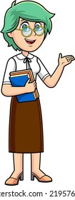 Female Teacher Cartoon Character Speak And Holding Textbooks. Vector Hand Drawn Illustration Isolated On Transparent Background