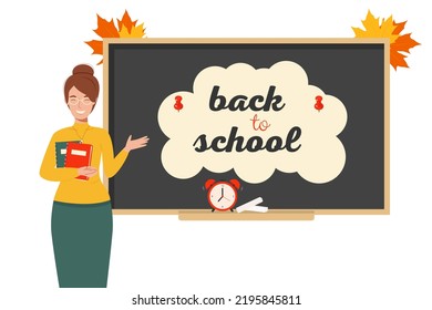 Female teacher with chalkboard with notebooks and an alarm clock. Back to school concept, teacher's day. Vector illustration