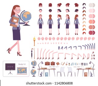 Female teacher character creation set. School, universirty or college profi worker. Full length, different views, emotions, gestures. Build your own design. Vector illustration