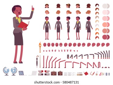 Female teacher character creation set. Full length, different views, emotions, gestures, isolated against white background. Build your own design. Vector illustration