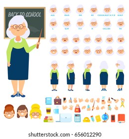 Female  teacher character creation set. Front, side, back view character.Cartoon flat  illustration with isolated items school stuff.