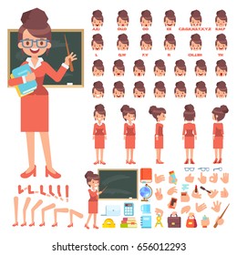 Female  teacher character creation set. Front, side, back view character.Cartoon flat  illustration with isolated items school stuff.