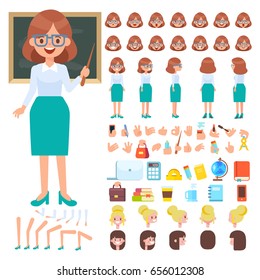 Female teacher character creation set. Front, side, back view character.Cartoon flat  illustration with isolated items school stuff.