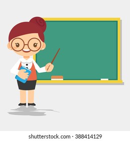 female teacher character in front of blackboard