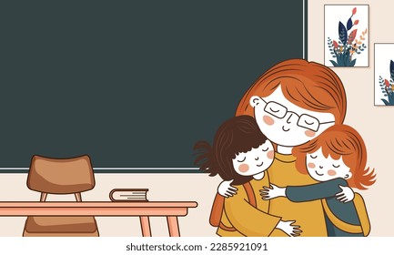 Female Teacher Character Hugging Her Students In Classroom Interior View.