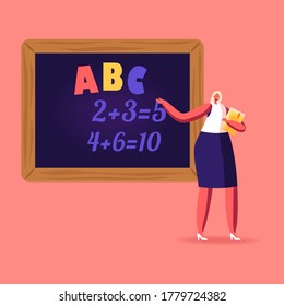 Female Teacher Character with Pointer Explain Abc and Mathematics Lesson Stand at Blackboard with Tasks Written with Chalk. School or College Education, Class, Knowledge. Cartoon Vector Illustration