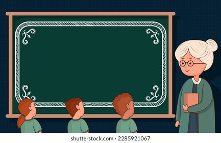 Female Teacher Character Standing In Front of Pupils Near Empty Chalkboard In Classroom.