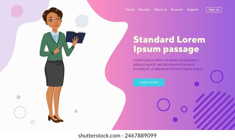 Personaje de profesora con libro de texto. Ilustración vectorial plana. Mujer joven en ropa formal. Escuela, concepto de educación para el Anuncio, diseño de Sitios web, landing page