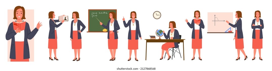 Female Teacher Characters With Different Poses Set Vector Illustration. Cartoon Woman Holding Pointer And Book, Teaching Math At Blackboard, Lady Showing And Explaining Lesson Isolated On White