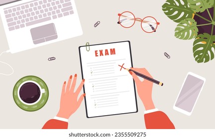 Female teacher checking answer sheet after exam. Top view workplace. School and college education concept. Vector illustration in flat cartoon style.