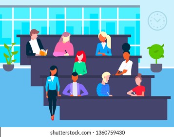 female teacher checking students doing exam sitting in row at tables in lecture hall modern amphitheater university classroom interior education learning concept flat horizontal