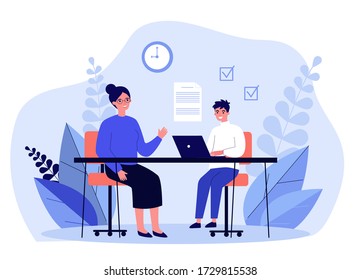 Female teacher checking task of student. Teenager learning with tutor flat vector illustration. Education and examination concept for banner, website design or landing web page